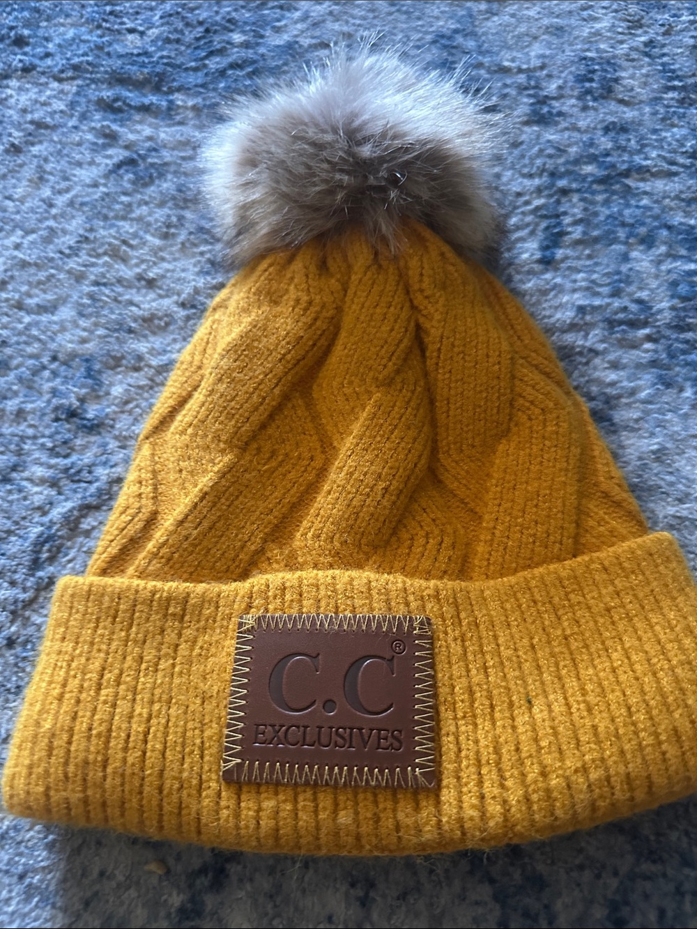 Women  Mustard Cable Knit Pom Beanie